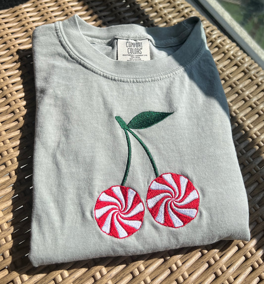 Candy Cane Cherries Embroidered Shirt
