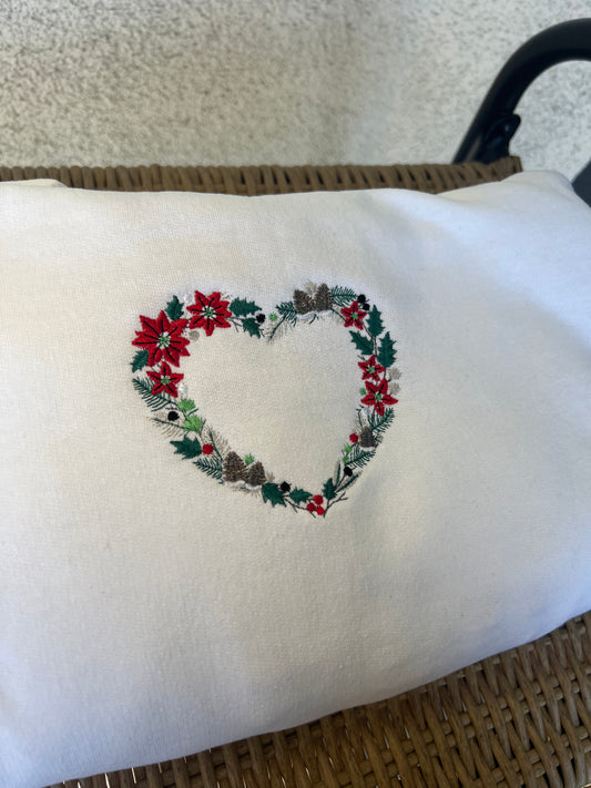 Floral Christmas Wreath Heart Embroidered Sweatshirt
