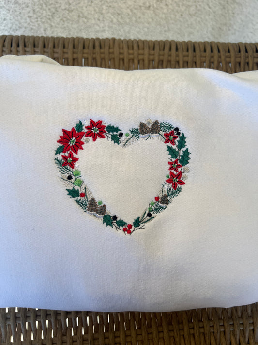 Floral Christmas Wreath Heart Embroidered Sweatshirt